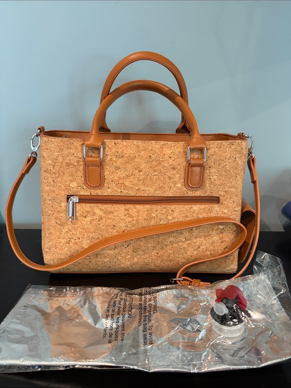 Cork Satchel Tote with Tan Leather Trim - Portable Wine Bag